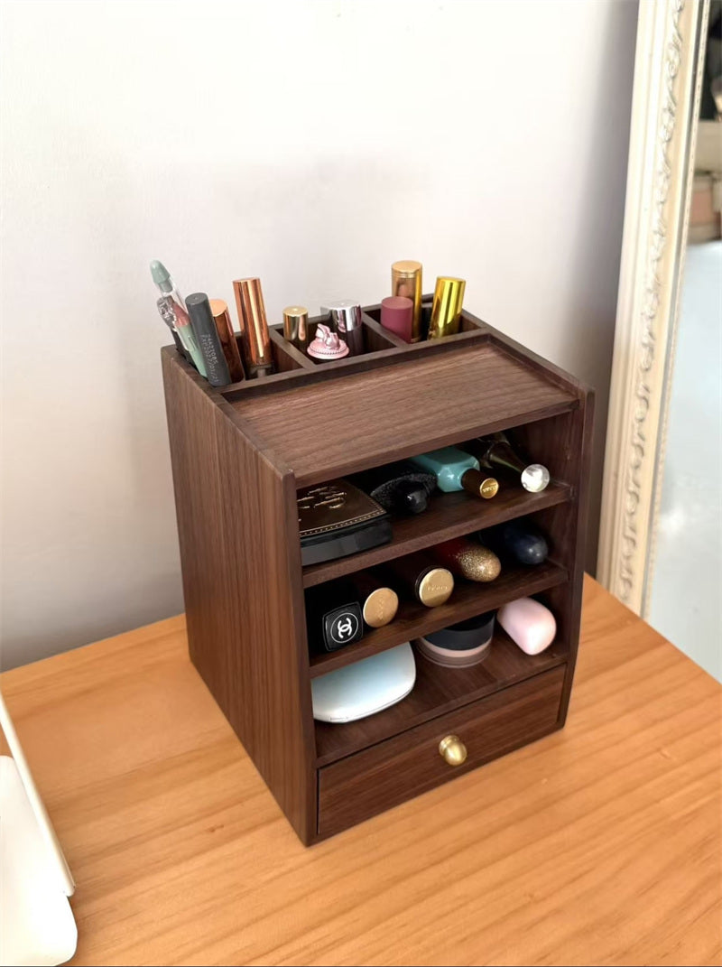 Solid Wood Lipstick Organizer with Drawer - Multi-Tier Makeup Storage Display Stand for Vanity Decor Gift
