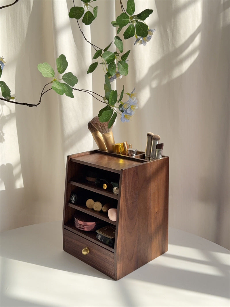 Solid Wood Lipstick Organizer with Drawer - Multi-Tier Makeup Storage Display Stand for Vanity Decor Gift