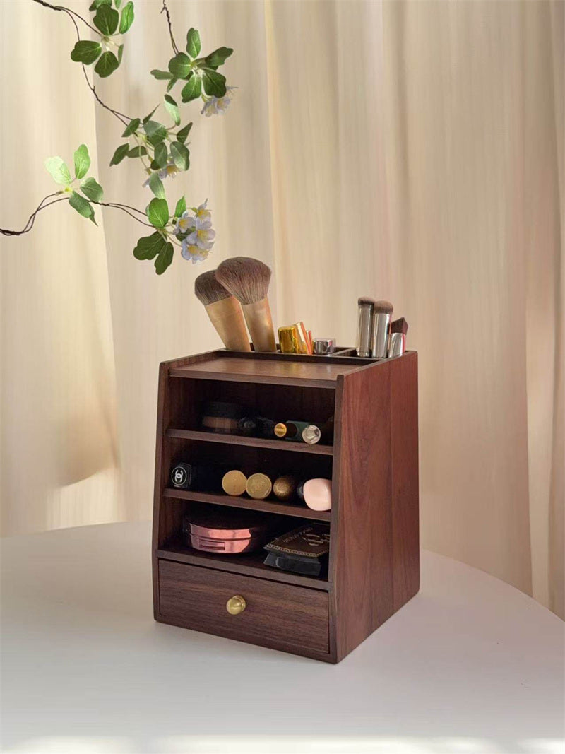 Solid Wood Lipstick Organizer with Drawer - Multi-Tier Makeup Storage Display Stand for Vanity Decor Gift