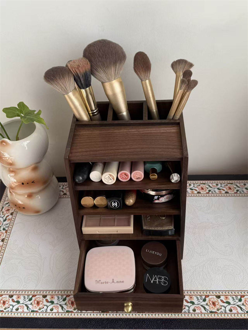 Solid Wood Lipstick Organizer with Drawer - Multi-Tier Makeup Storage Display Stand for Vanity Decor Gift