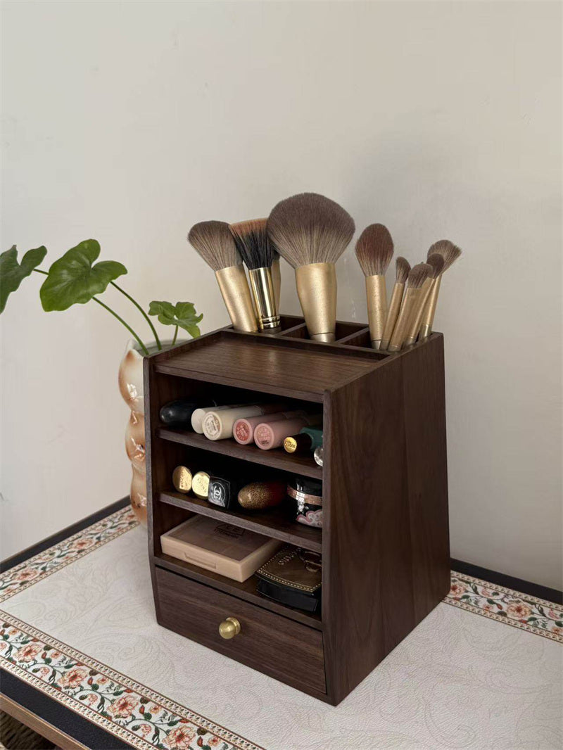 Solid Wood Lipstick Organizer with Drawer - Multi-Tier Makeup Storage Display Stand for Vanity Decor Gift