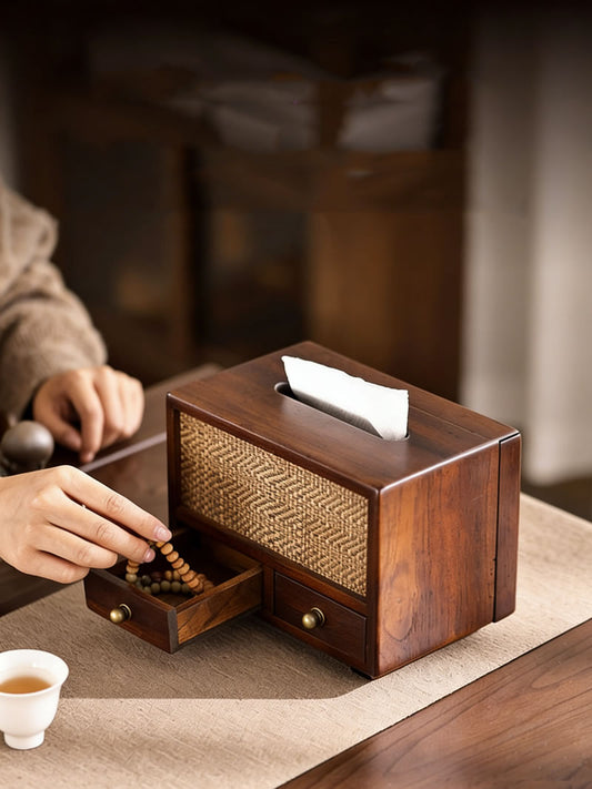 Solid Wood Rattan Tissue Box with Drawers - Vintage Napkin Holder Storage Organizer for Home Tea Room Decor Gift