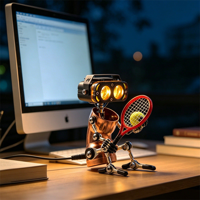Steampunk Metal Robot Desk Lamp, Articulated Industrial Robot Figurine with LED Eyes, Vintage Mechanical Table Decor