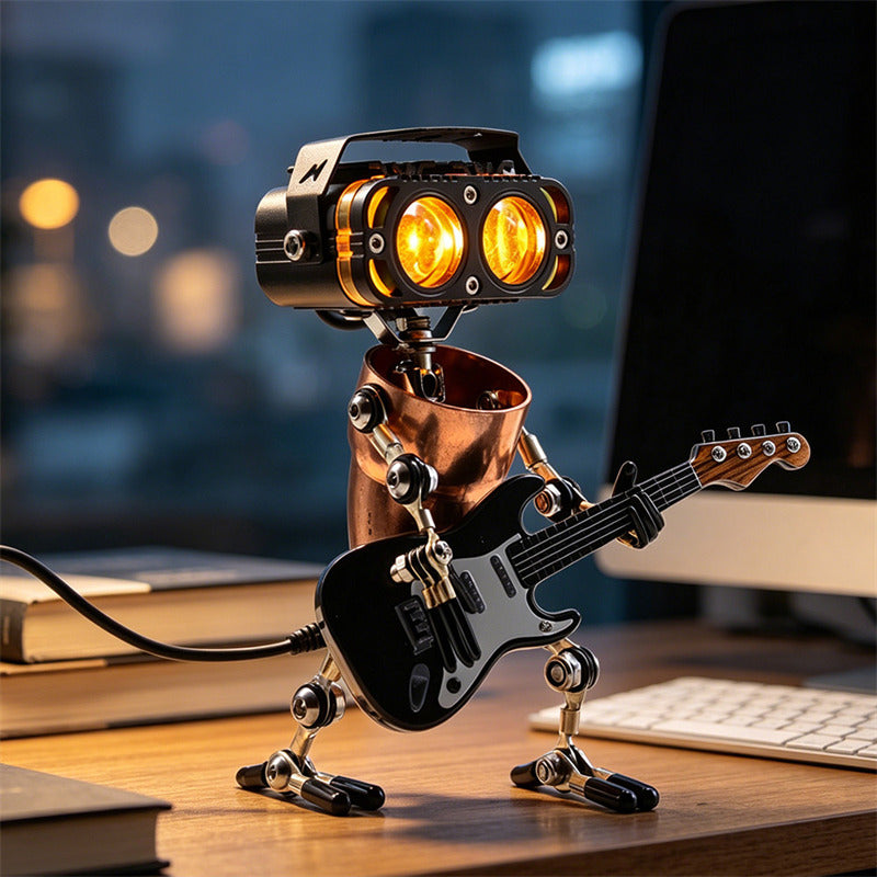 Steampunk Metal Robot Desk Lamp, Articulated Industrial Robot Figurine with LED Eyes, Vintage Mechanical Table Decor