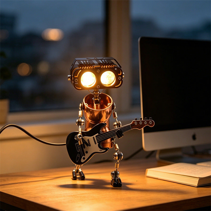Steampunk Metal Robot Desk Lamp, Articulated Industrial Robot Figurine with LED Eyes, Vintage Mechanical Table Decor