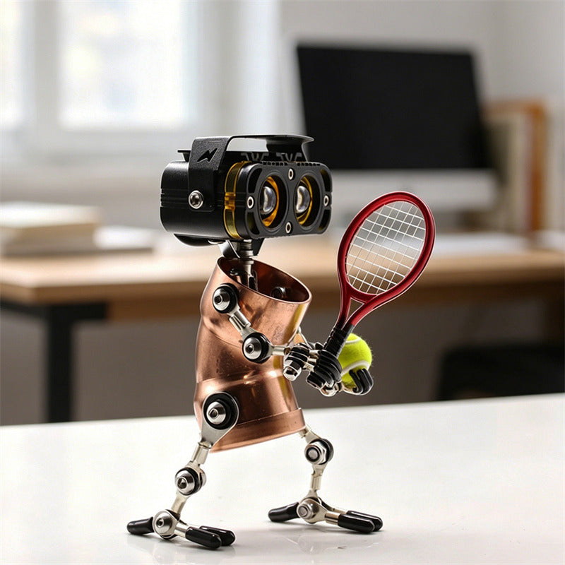 Steampunk Metal Robot Desk Lamp, Articulated Industrial Robot Figurine with LED Eyes, Vintage Mechanical Table Decor
