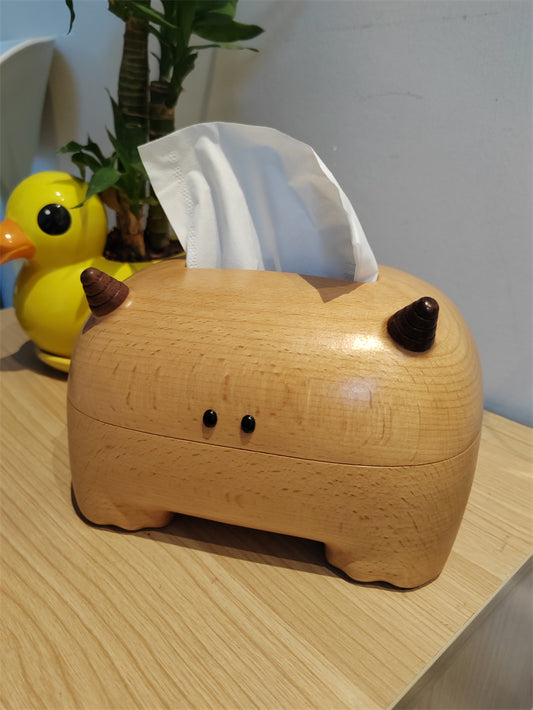 Strange Big-horned Beast Wooden Tissue Box, Home Office Art Alternative Decor