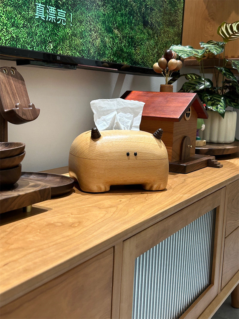Strange Big-horned Beast Wooden Tissue Box, Home Office Art Alternative Decor