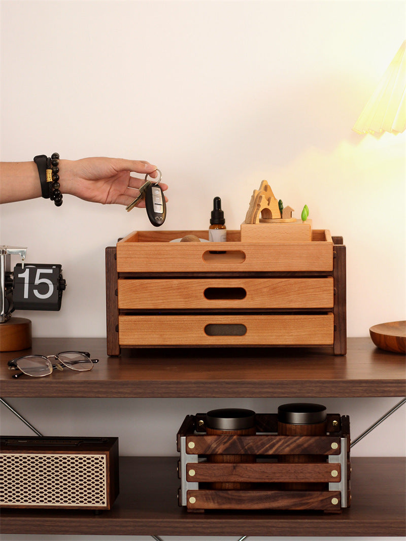 Three-Layer Wood Desktop Drawer Organizer - Multifunctional Storage Cabinet for Office & Home