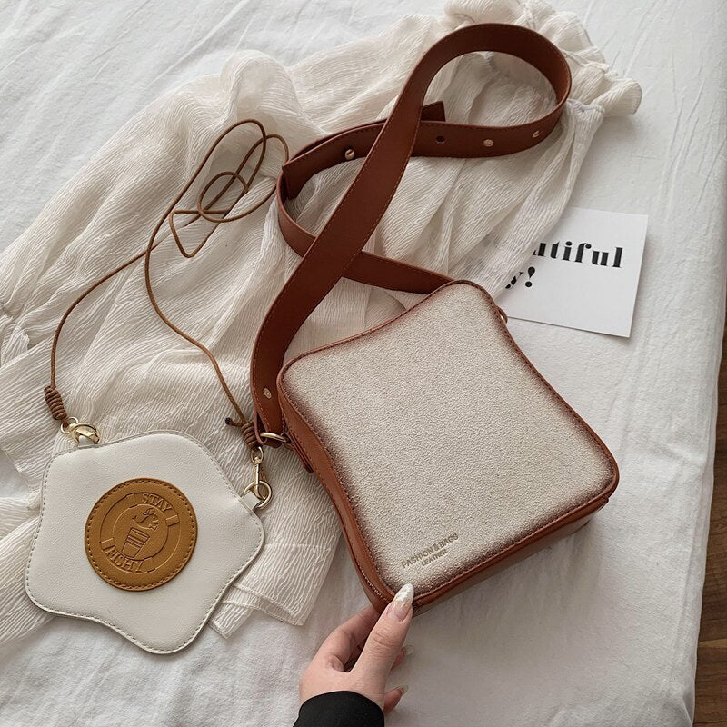Toast-Shaped PU Leather Crossbody Bag, Cute Bread-Shaped Casual Square Shoulder Bag for Women