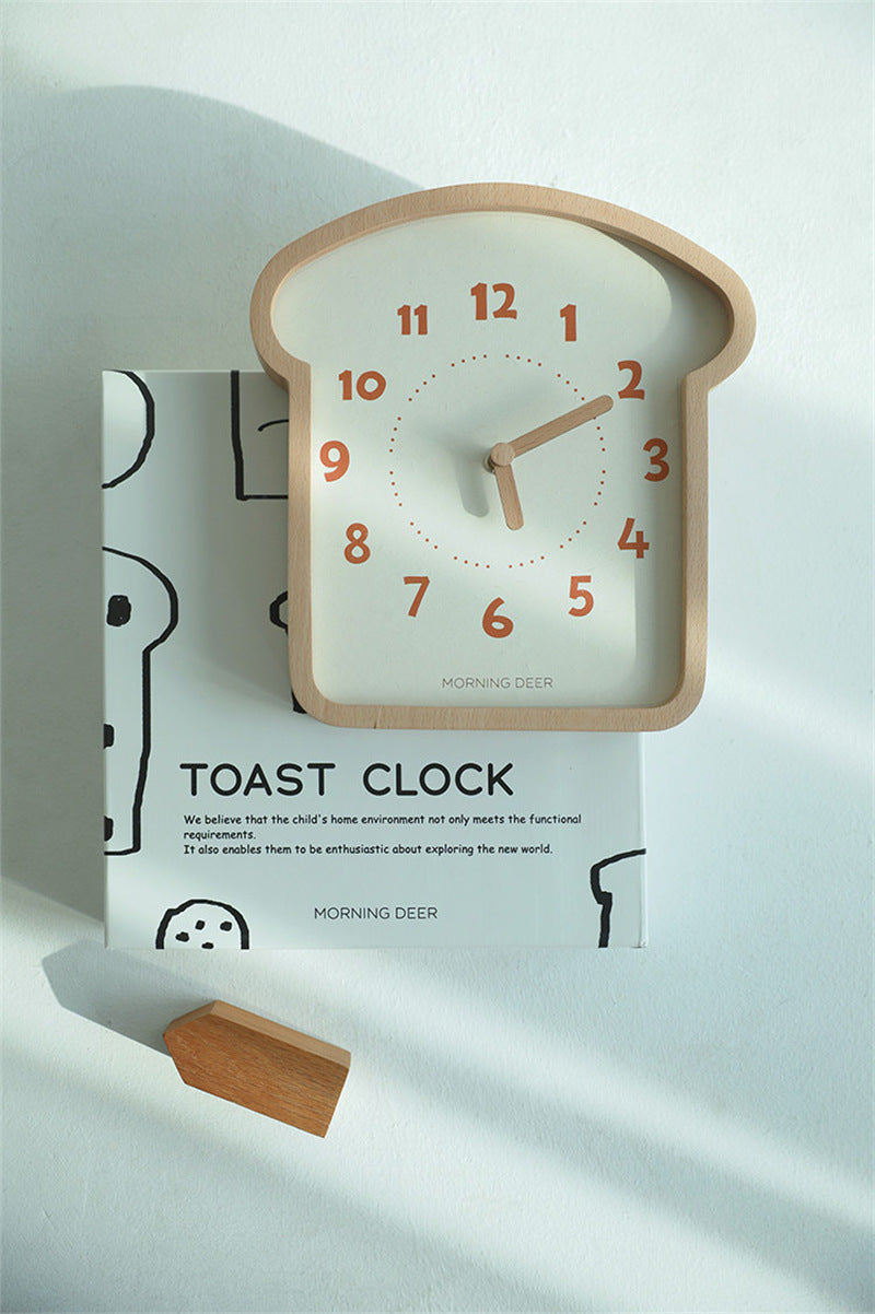 Toast-Shaped Wooden Wall Clock - Cute Breakfast-Themed Silent Clock - Minimalist Wood Decor for Kitchen, Nursery, and Cafe