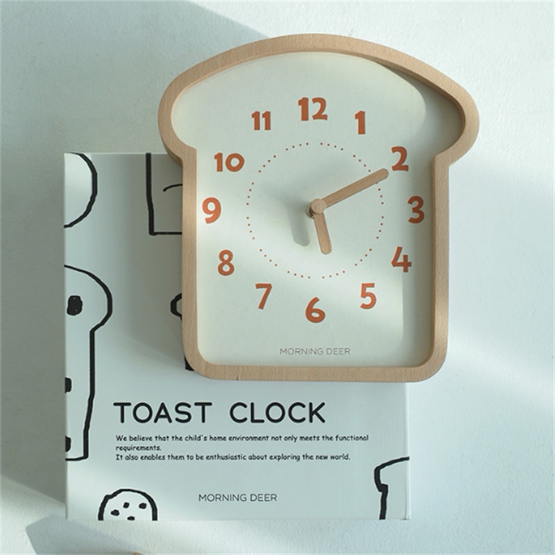 Toast-Shaped Wooden Wall Clock - Cute Breakfast-Themed Silent Clock - Minimalist Wood Decor for Kitchen, Nursery, and Cafe