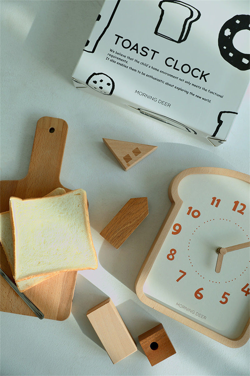 Toast-Shaped Wooden Wall Clock - Cute Breakfast-Themed Silent Clock - Minimalist Wood Decor for Kitchen, Nursery, and Cafe
