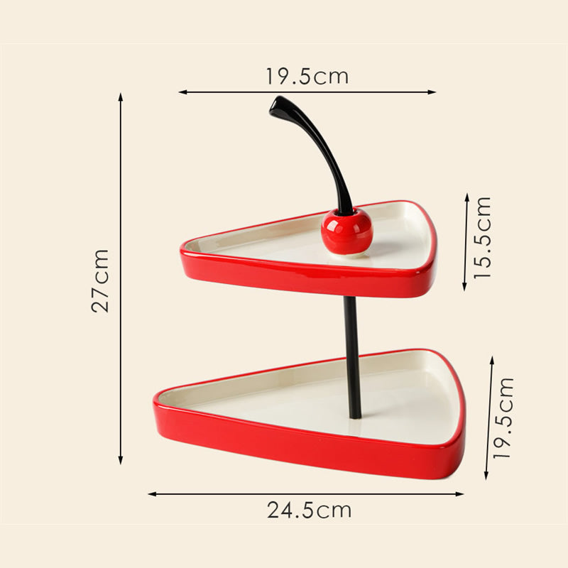 Two-Tier Cherry Ceramic Tray - Red & White Triangular Desktop Organizer for Jewelry & Cosmetics