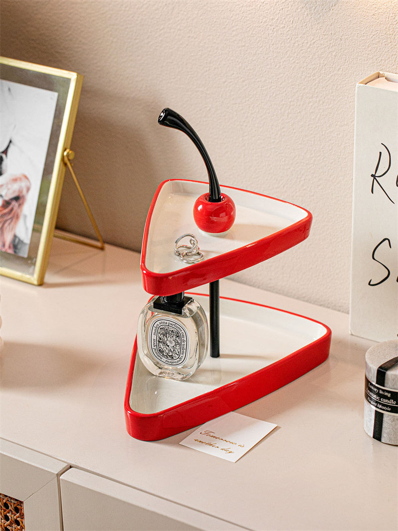 Two-Tier Cherry Ceramic Tray - Red & White Triangular Desktop Organizer for Jewelry & Cosmetics