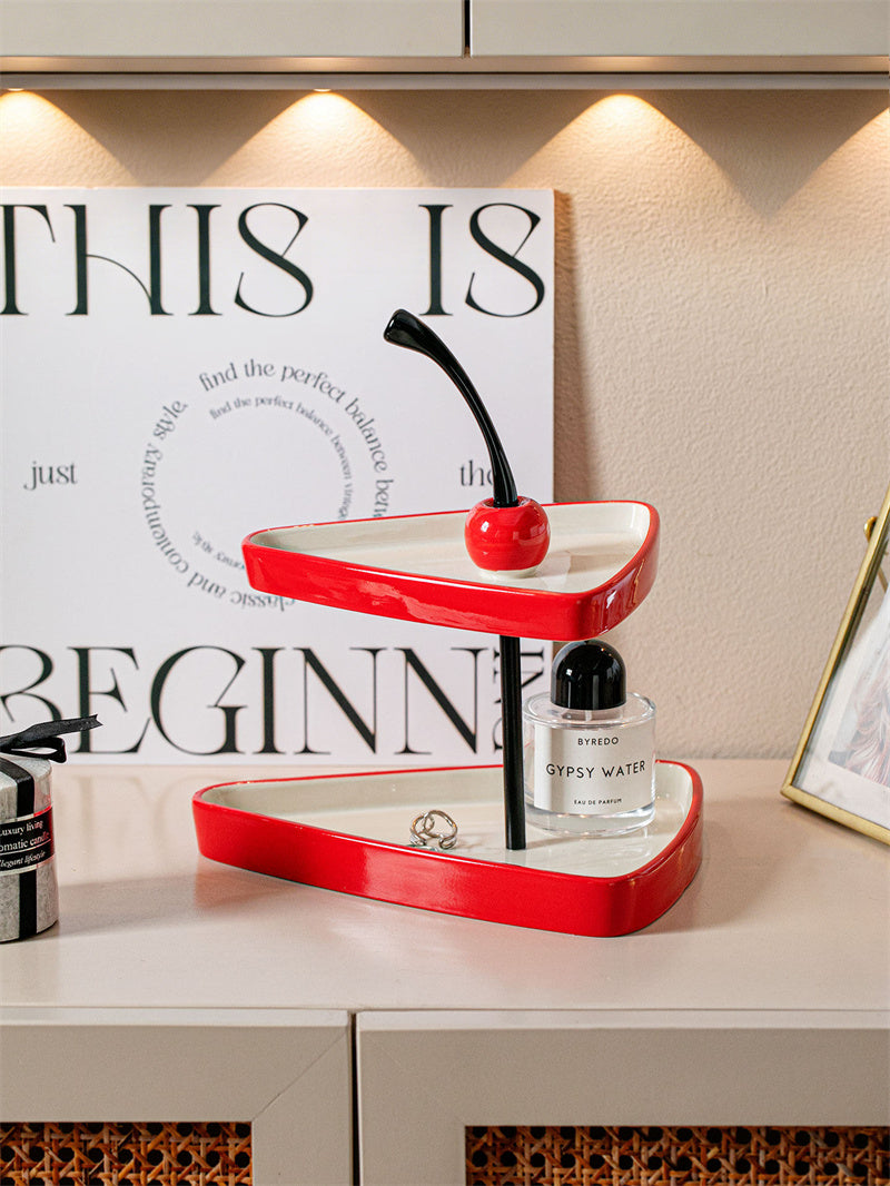 Two-Tier Cherry Ceramic Tray - Red & White Triangular Desktop Organizer for Jewelry & Cosmetics