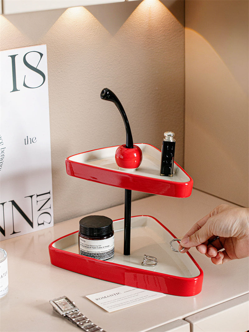 Two-Tier Cherry Ceramic Tray - Red & White Triangular Desktop Organizer for Jewelry & Cosmetics
