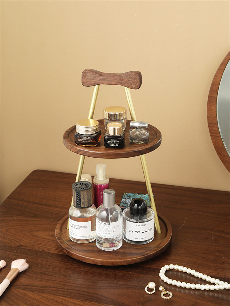 Two-Tier Walnut Cosmetic Organizer – Wooden Storage Tray for Perfume, Makeup & Skincare