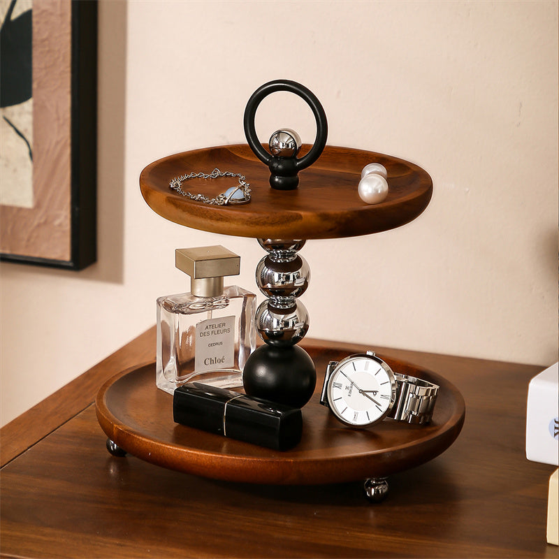 Two - Tier Wooden Decorative Tray with Metal Accents, Multi - Functional Vanity and Desk Organizer