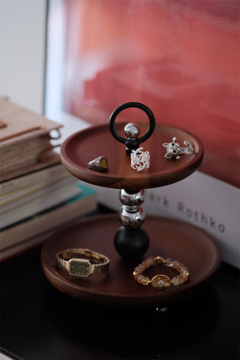 Two - Tier Wooden Decorative Tray with Metal Accents, Multi - Functional Vanity and Desk Organizer