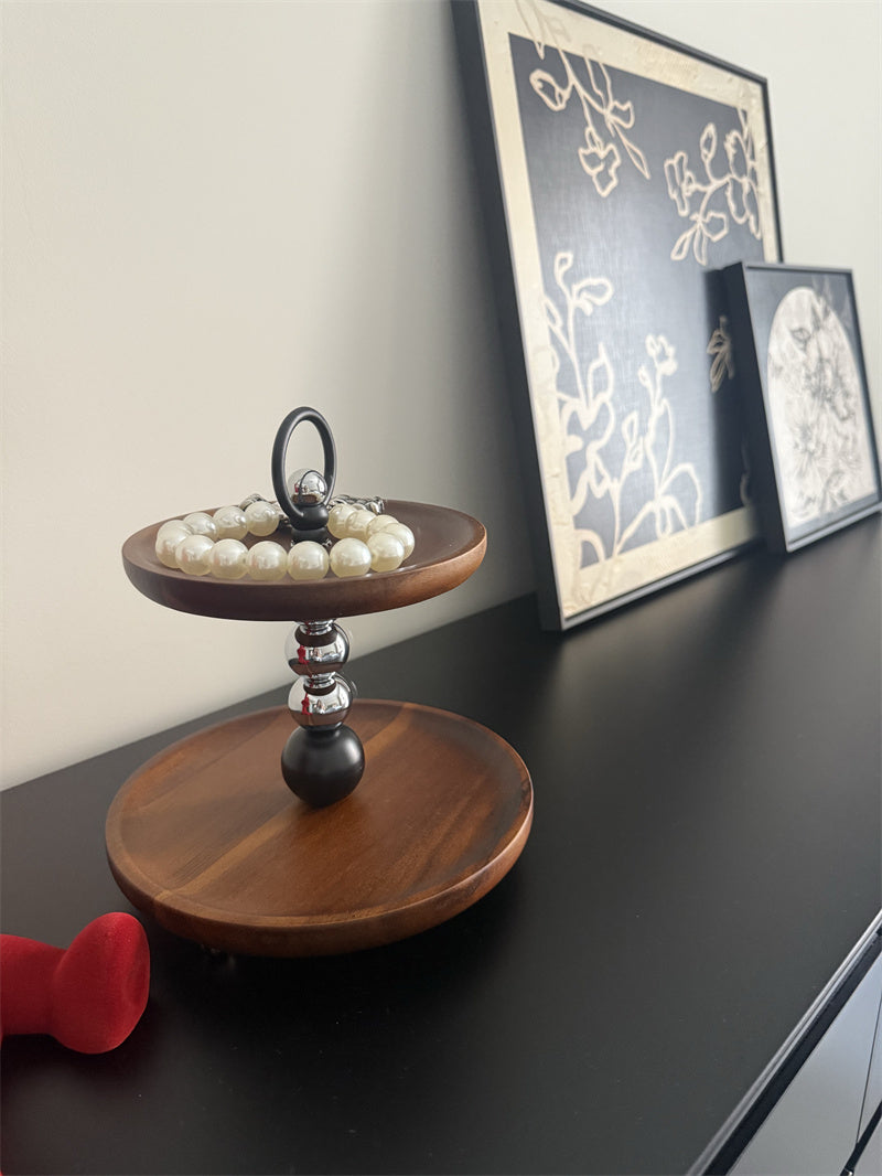 Two - Tier Wooden Decorative Tray with Metal Accents, Multi - Functional Vanity and Desk Organizer