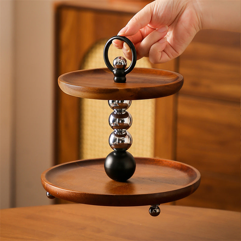 Two - Tier Wooden Decorative Tray with Metal Accents, Multi - Functional Vanity and Desk Organizer