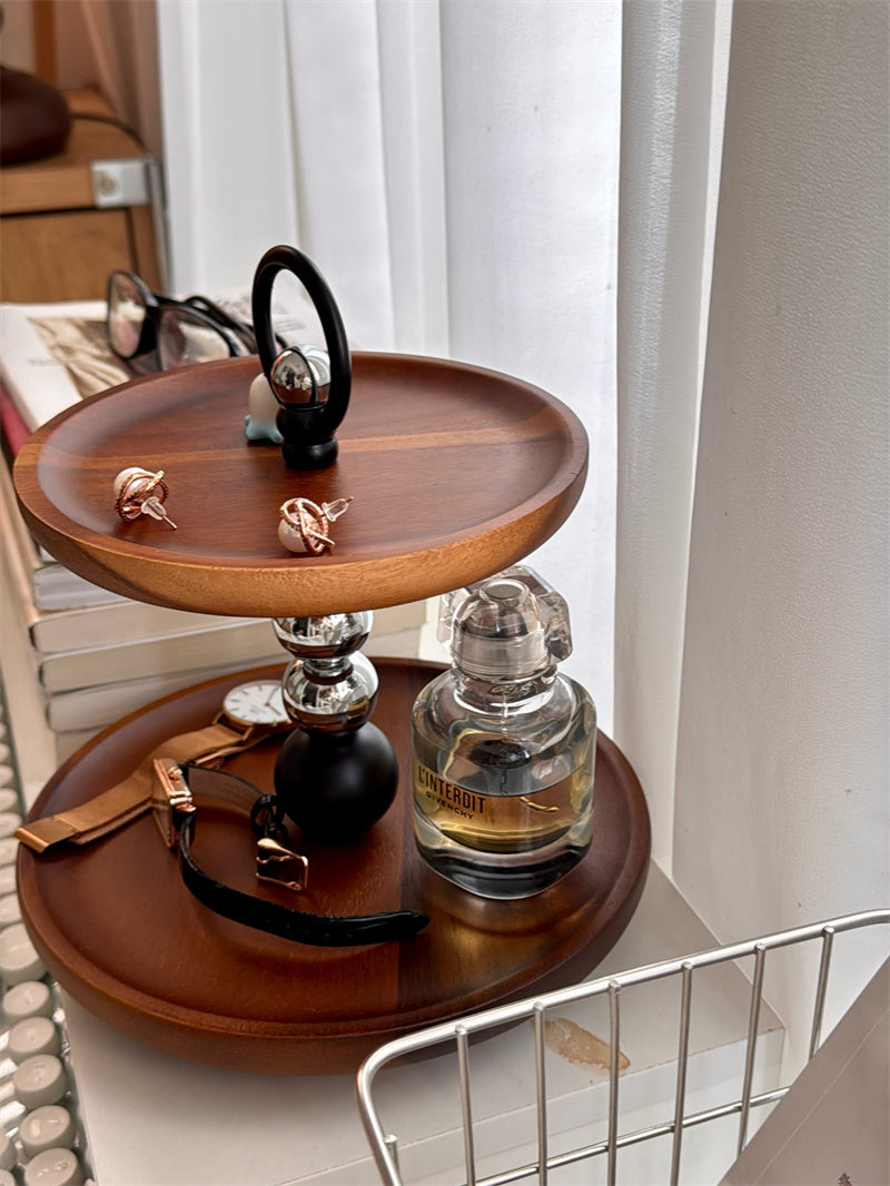 Two - Tier Wooden Decorative Tray with Metal Accents, Multi - Functional Vanity and Desk Organizer