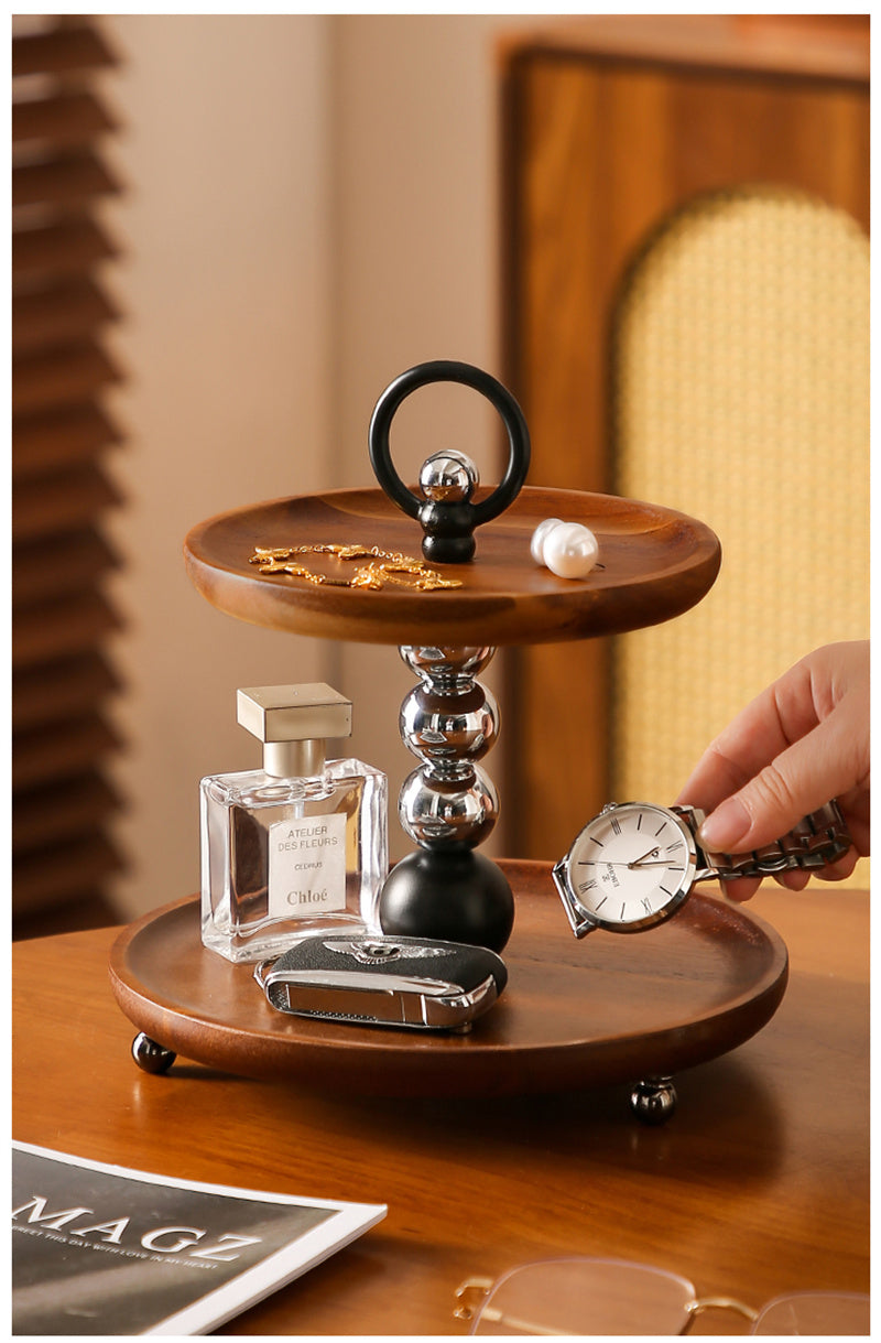 Two - Tier Wooden Decorative Tray with Metal Accents, Multi - Functional Vanity and Desk Organizer
