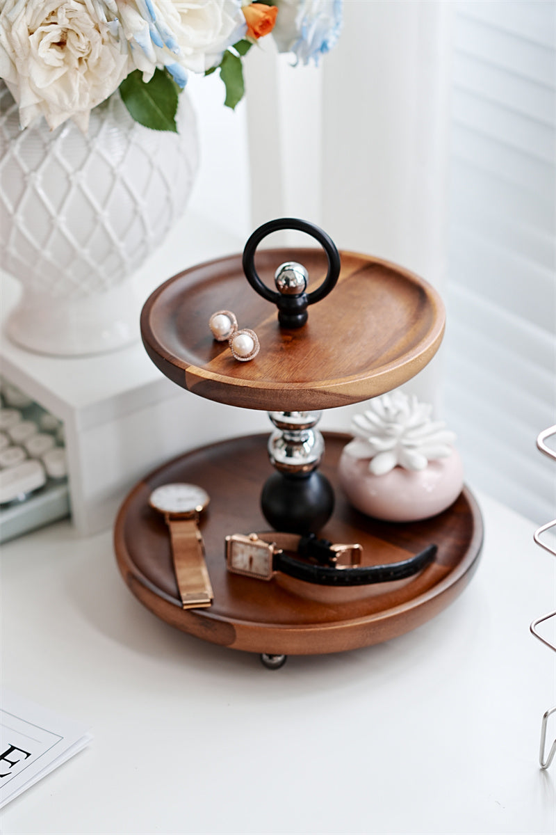 Two - Tier Wooden Decorative Tray with Metal Accents, Multi - Functional Vanity and Desk Organizer