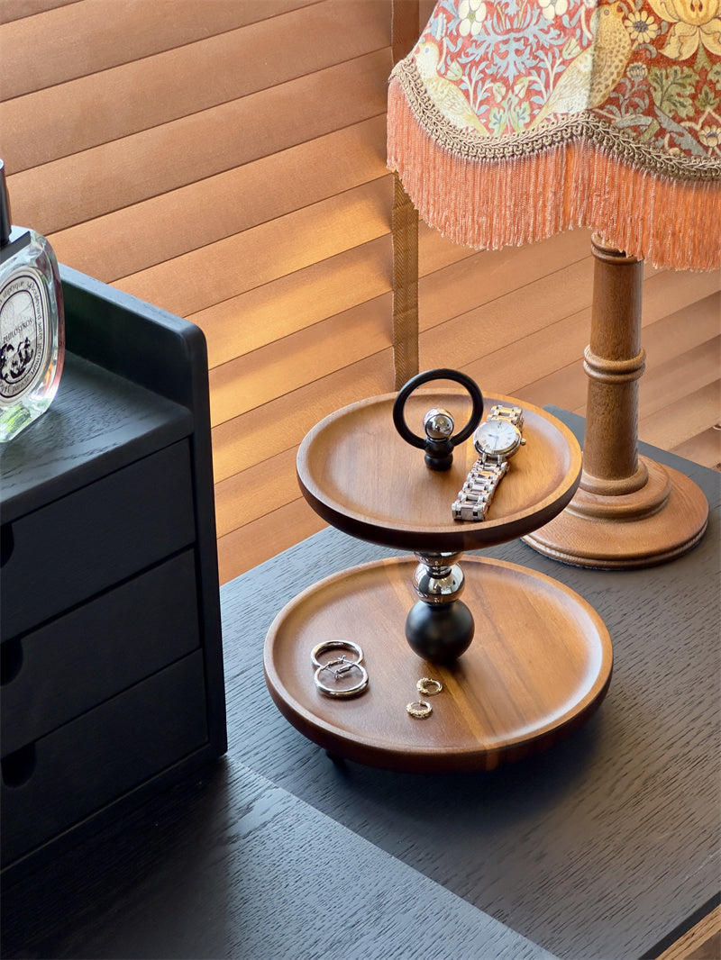 Two - Tier Wooden Decorative Tray with Metal Accents, Multi - Functional Vanity and Desk Organizer