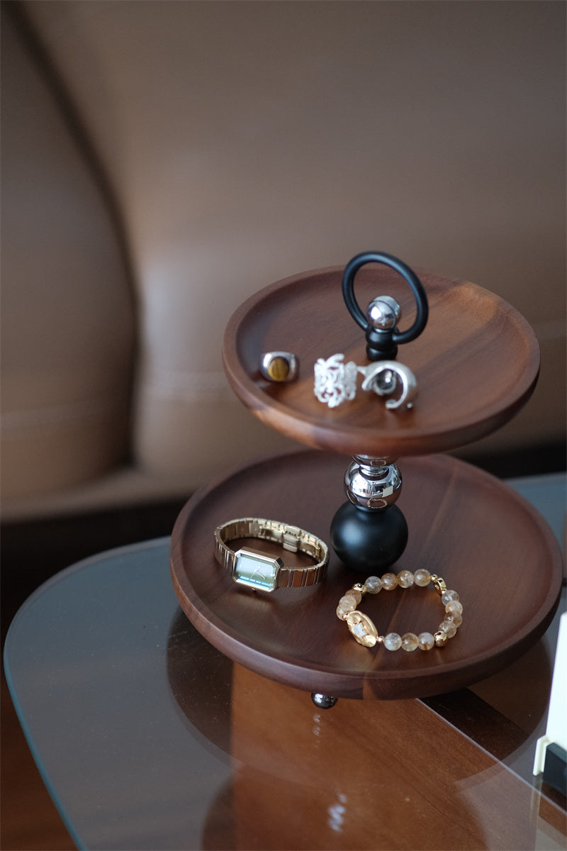 Two - Tier Wooden Decorative Tray with Metal Accents, Multi - Functional Vanity and Desk Organizer