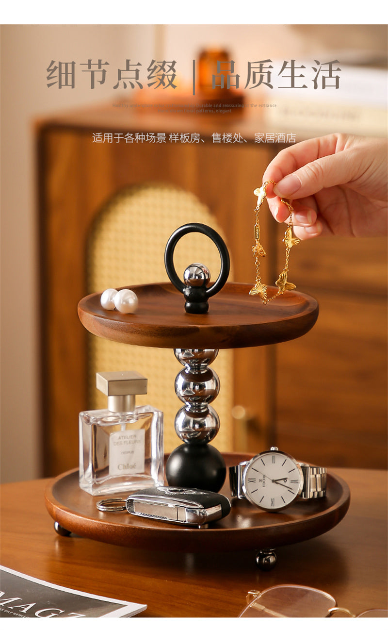 Two - Tier Wooden Decorative Tray with Metal Accents, Multi - Functional Vanity and Desk Organizer