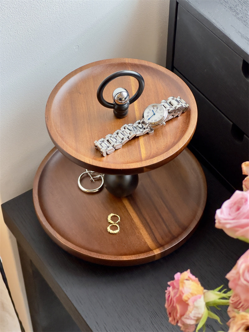 Two - Tier Wooden Decorative Tray with Metal Accents, Multi - Functional Vanity and Desk Organizer