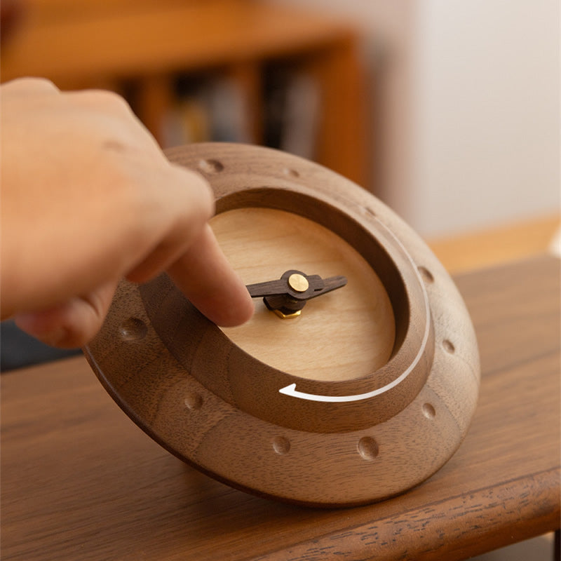 UFO Black Walnut Small Table Clock, Minimalist Wooden Desk Clock Decor