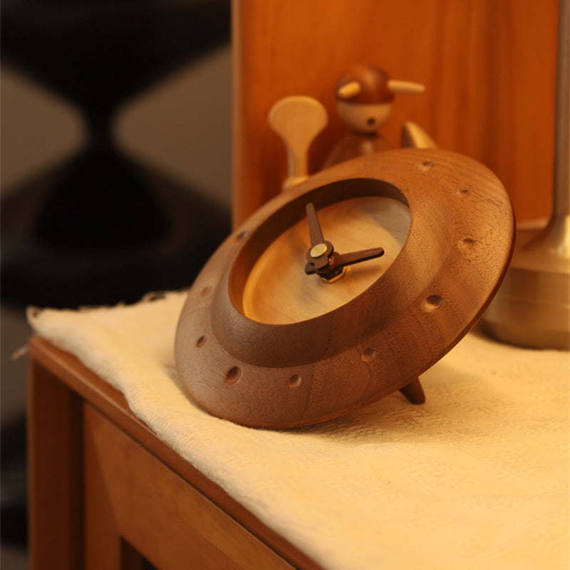 UFO Black Walnut Small Table Clock, Minimalist Wooden Desk Clock Decor