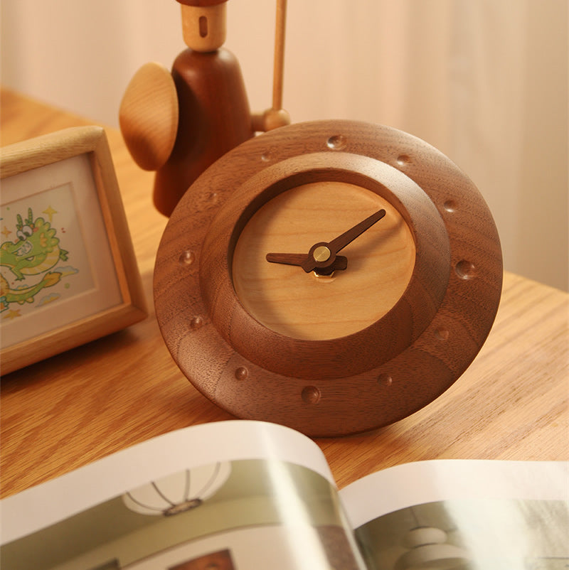 UFO Black Walnut Small Table Clock, Minimalist Wooden Desk Clock Decor