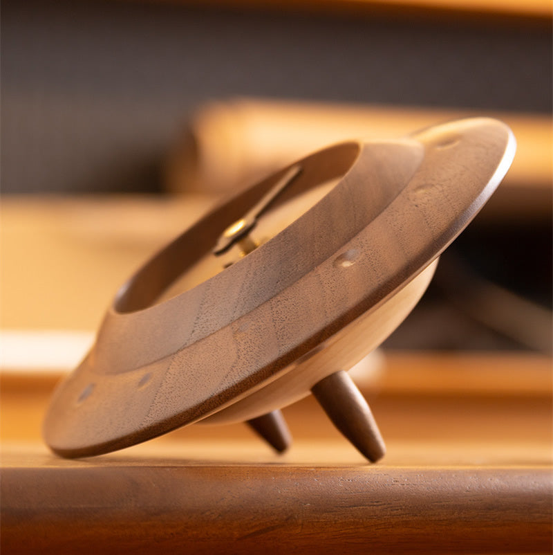 UFO Black Walnut Small Table Clock, Minimalist Wooden Desk Clock Decor