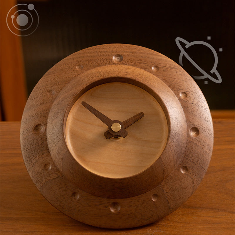 UFO Black Walnut Small Table Clock, Minimalist Wooden Desk Clock Decor