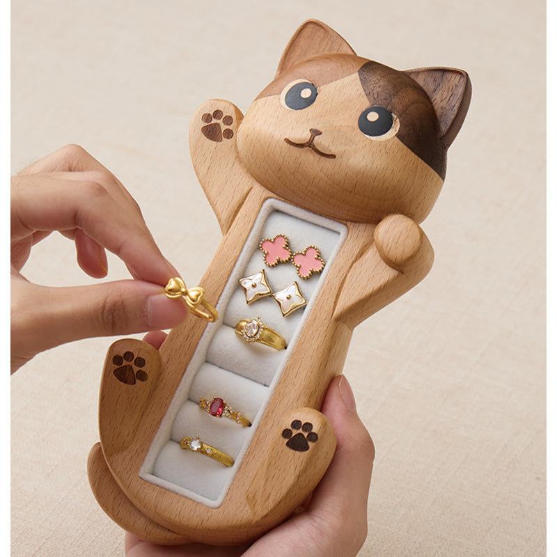 Valentine’s Day Wooden Cat Jewelry Organizer - Romantic Gift for Her with Velvet Lining for Rings, Earrings & Delicate Accessories