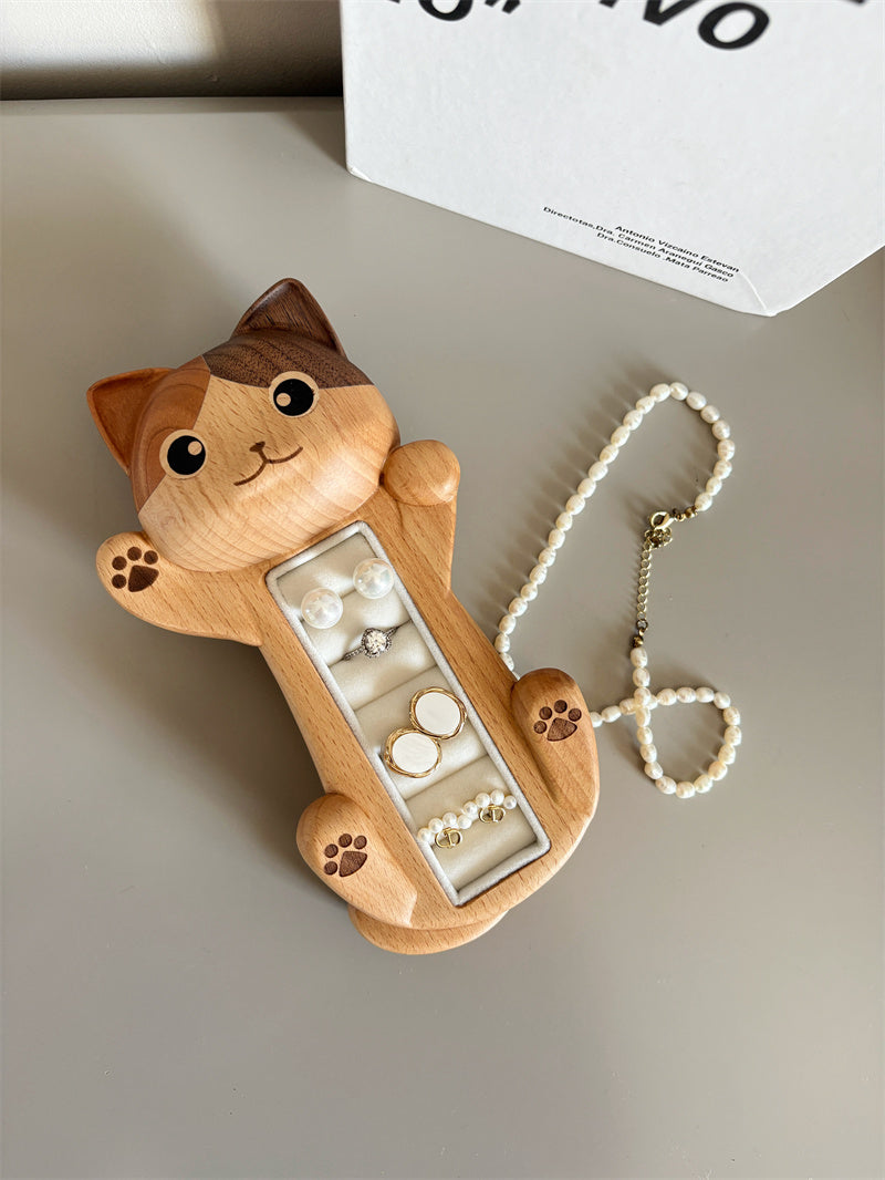 Valentine’s Day Wooden Cat Jewelry Organizer - Romantic Gift for Her with Velvet Lining for Rings, Earrings & Delicate Accessories