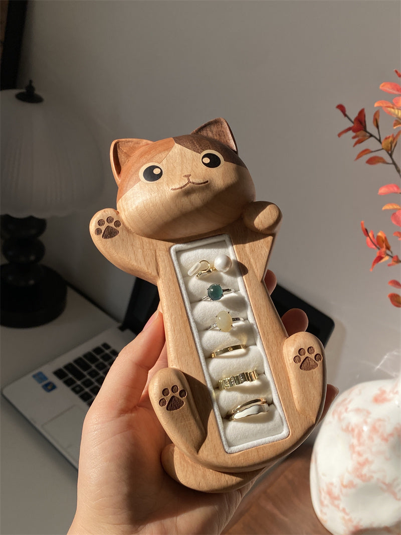 Valentine’s Day Wooden Cat Jewelry Organizer - Romantic Gift for Her with Velvet Lining for Rings, Earrings & Delicate Accessories
