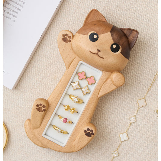 Valentine’s Day Wooden Cat Jewelry Organizer - Romantic Gift for Her with Velvet Lining for Rings, Earrings & Delicate Accessories