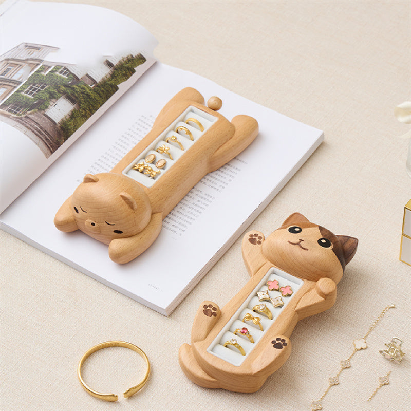 Valentine’s Day Wooden Cat Jewelry Organizer - Romantic Gift for Her with Velvet Lining for Rings, Earrings & Delicate Accessories