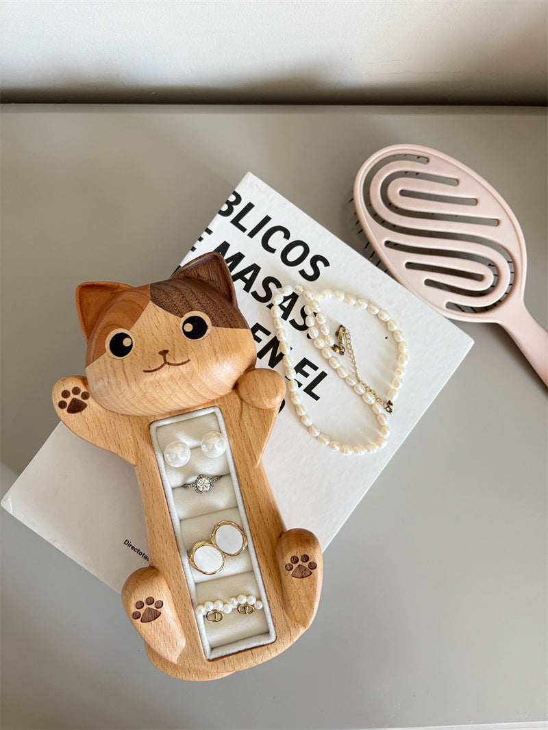 Valentine’s Day Wooden Cat Jewelry Organizer - Romantic Gift for Her with Velvet Lining for Rings, Earrings & Delicate Accessories