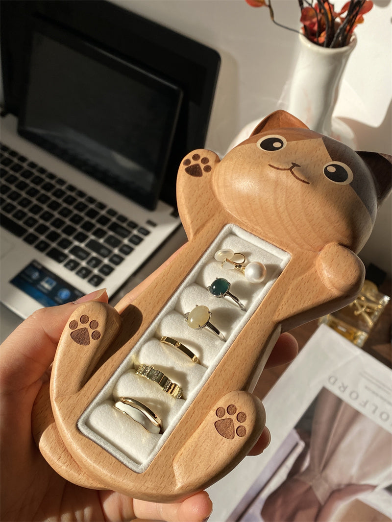 Valentine’s Day Wooden Cat Jewelry Organizer - Romantic Gift for Her with Velvet Lining for Rings, Earrings & Delicate Accessories