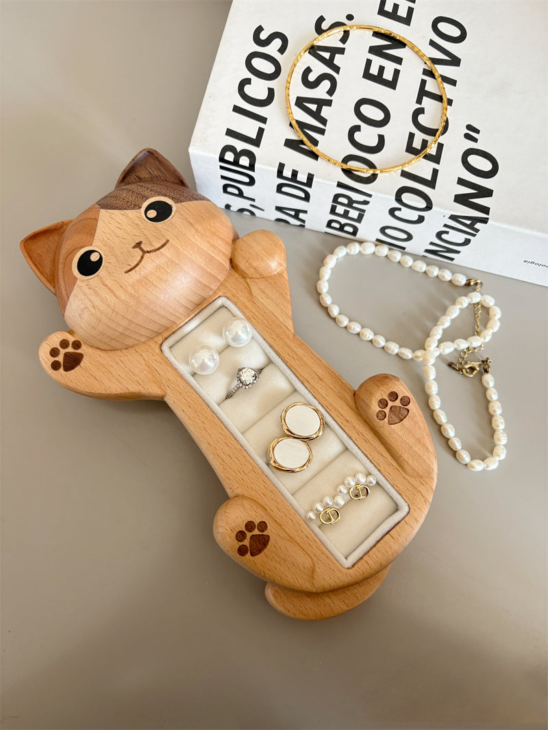 Valentine’s Day Wooden Cat Jewelry Organizer - Romantic Gift for Her with Velvet Lining for Rings, Earrings & Delicate Accessories