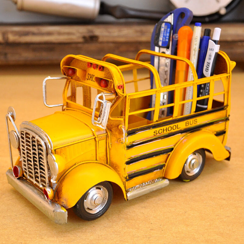 Vintage American School Bus Iron Pen Holder, Desktop Ornaments Gift