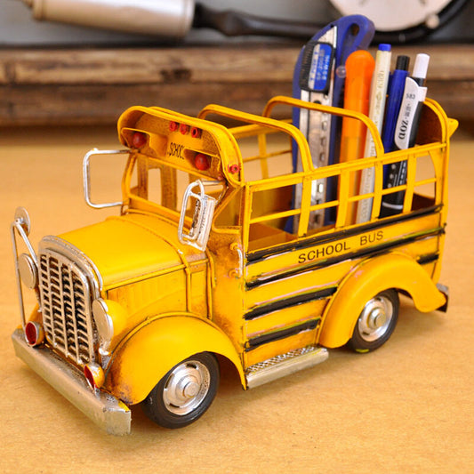 Vintage American School Bus Iron Pen Holder, Desktop Ornaments Gift