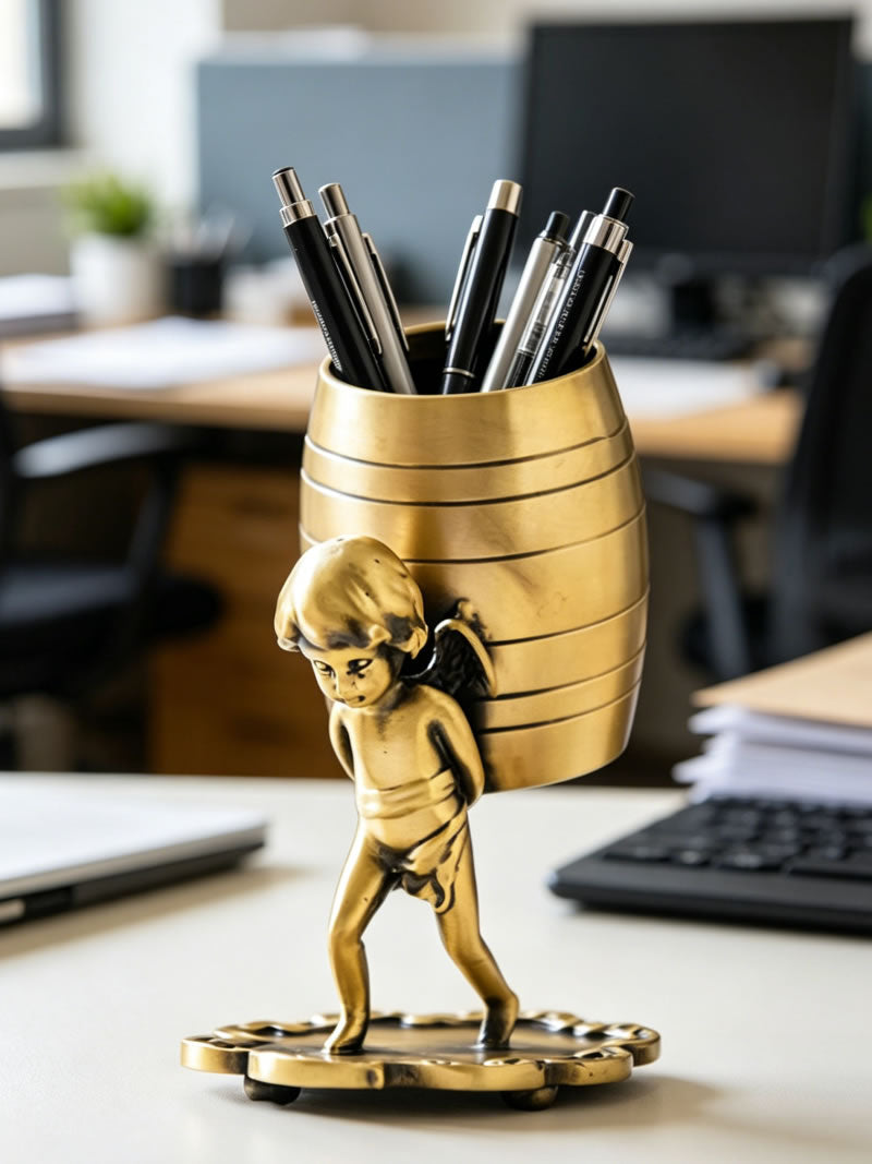 Vintage Brass Cherub Angel Multi-Purpose Holder, Retro Metal Pen Stand & Tea Spoon Storage, European Desk & Tea Table Decor Ornament