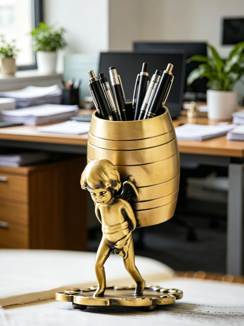 Vintage Brass Cherub Angel Multi-Purpose Holder, Retro Metal Pen Stand & Tea Spoon Storage, European Desk & Tea Table Decor Ornament